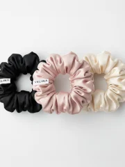 Set 3 elastice de păr din mătase naturală Velina, culori roz, ivory și negru