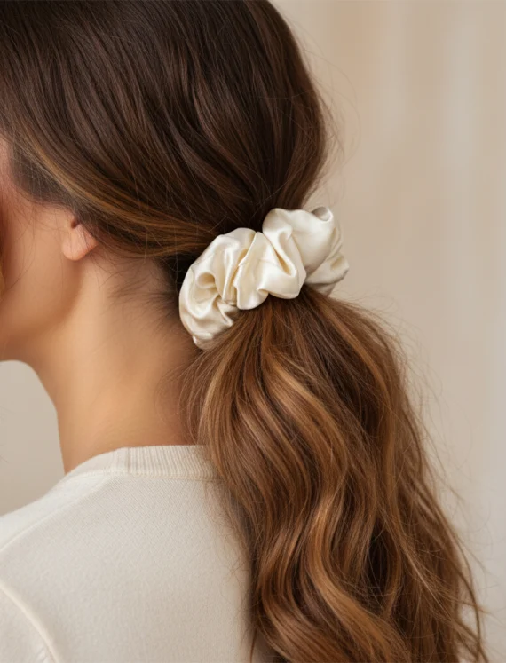 Elastic de păr din mătase naturală Velina Ivory, purtat în coadă, delicat cu firul de păr.