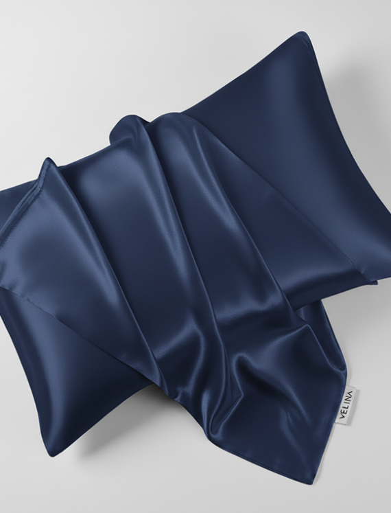 Față de pernă din mătase naturală albastru navy VELINA, 50x70 cm, material fin și lucios