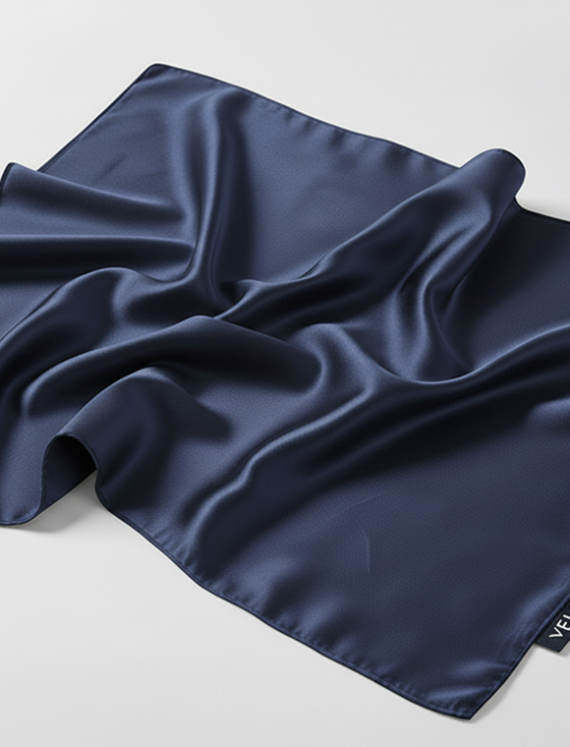 Textură față de pernă din mătase naturală albastru navy VELINA, material fin și luciu natural