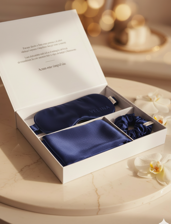 Set din mătase naturală bleumarin VELINA, ambalat în cutie cadou elegantă, cu față de pernă, mască de dormit și scrunchie