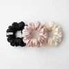 Set 3 elastice de păr din mătase naturală Velina, culori roz, ivory și negru